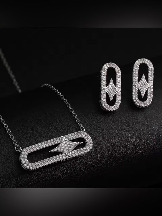 Moon Goddess Emporium Jewelry - 18K White Gold Paperclip Move Micro Pave Diamond Inspired Necklace Earrings Set